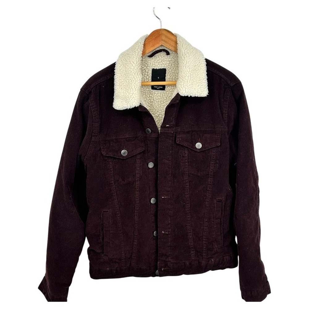 New Look Men Corduroy Sherpa Lined Trucker Jacket Burgundy Purple Large